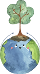 Cute watercolor illustration of Earth with a smiling face and a tree growing from the top, symbolizing sustainability, environmental wellness, and nature connection.