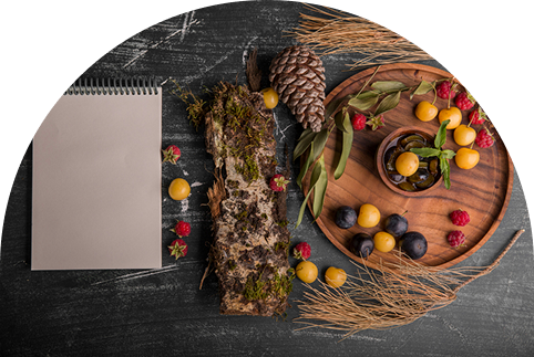 Flat lay of rustic fruits, herbs, pine cone, and bark on a dark table with a notepad, evoking themes of nature, seasonal living, and holistic planning.