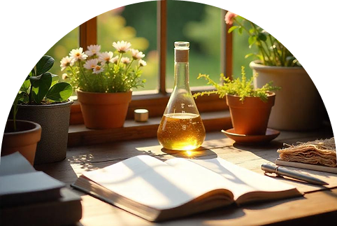 Open book and herbal oil flask on a sunlit wooden desk surrounded by potted plants, symbolizing natural healing and holistic learning.