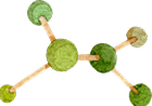 Stylized green molecular structure on a yellow background, symbolizing science, biology, or holistic health at a cellular level.